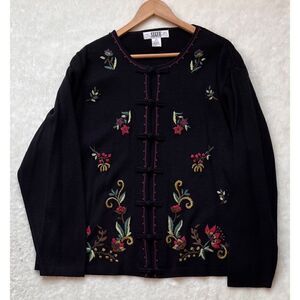 Vintage SEGUE Black Floral Embroidered Long Sleeve Cardigan, Size 3X/22-24